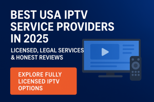 Best USA IPTV Service Providers in 2025 – Licensed, Legal Services & Honest Reviews. Modern TV screen showing streaming icons, HD and 4K symbols, and a remote control with USA flag motif.