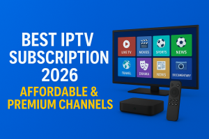 Smart TV displaying multiple IPTV channels including movies, sports, and news with a remote and set-top box – Best IPTV Subscription 2026.