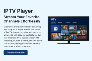 👉 IPTV Player streaming live TV, movies, and sports in HD with free trial option