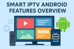 Features of Smart IPTV Android app displayed on Android device