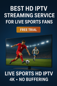 Soccer match on smart TV promoting the Best HD IPTV Streaming Service for live sports fans with free trial and 4K, no buffering guarantee.