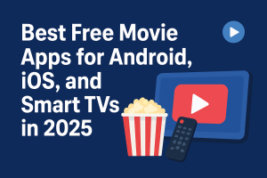 Banner graphic with the text “Best Free Movie Apps for Android, iOS, and Smart TVs in 2025,” including illustrations of a tablet, popcorn, and a remote.