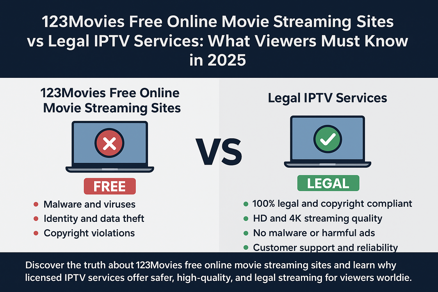 Infographic comparing 123Movies free online movie streaming sites with legal IPTV services in 2025, showing risks like malware, data theft, and copyright violations on illegal sites versus benefits such as HD quality, legality, and customer support on licensed IPTV platforms.