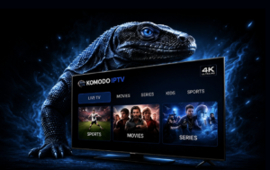 Best IPTV Services 2026 for Sports featuring Komodo IPTV with live sports streaming on a smart TV and high-quality IPTV entertainment.